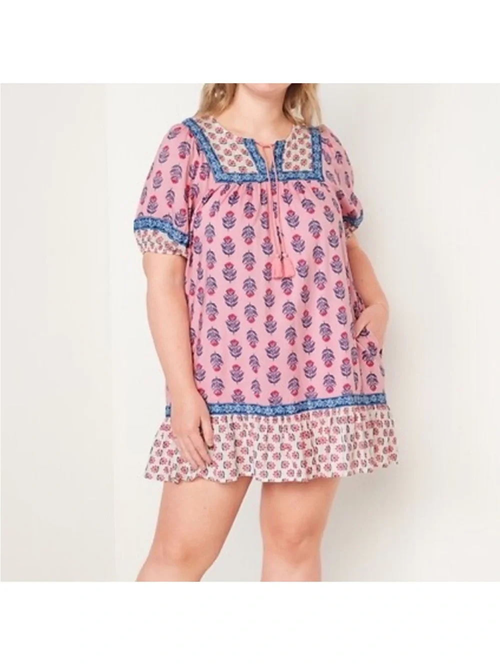 Old Navy Pink Floral Printed Smock Dress with Blue Trim